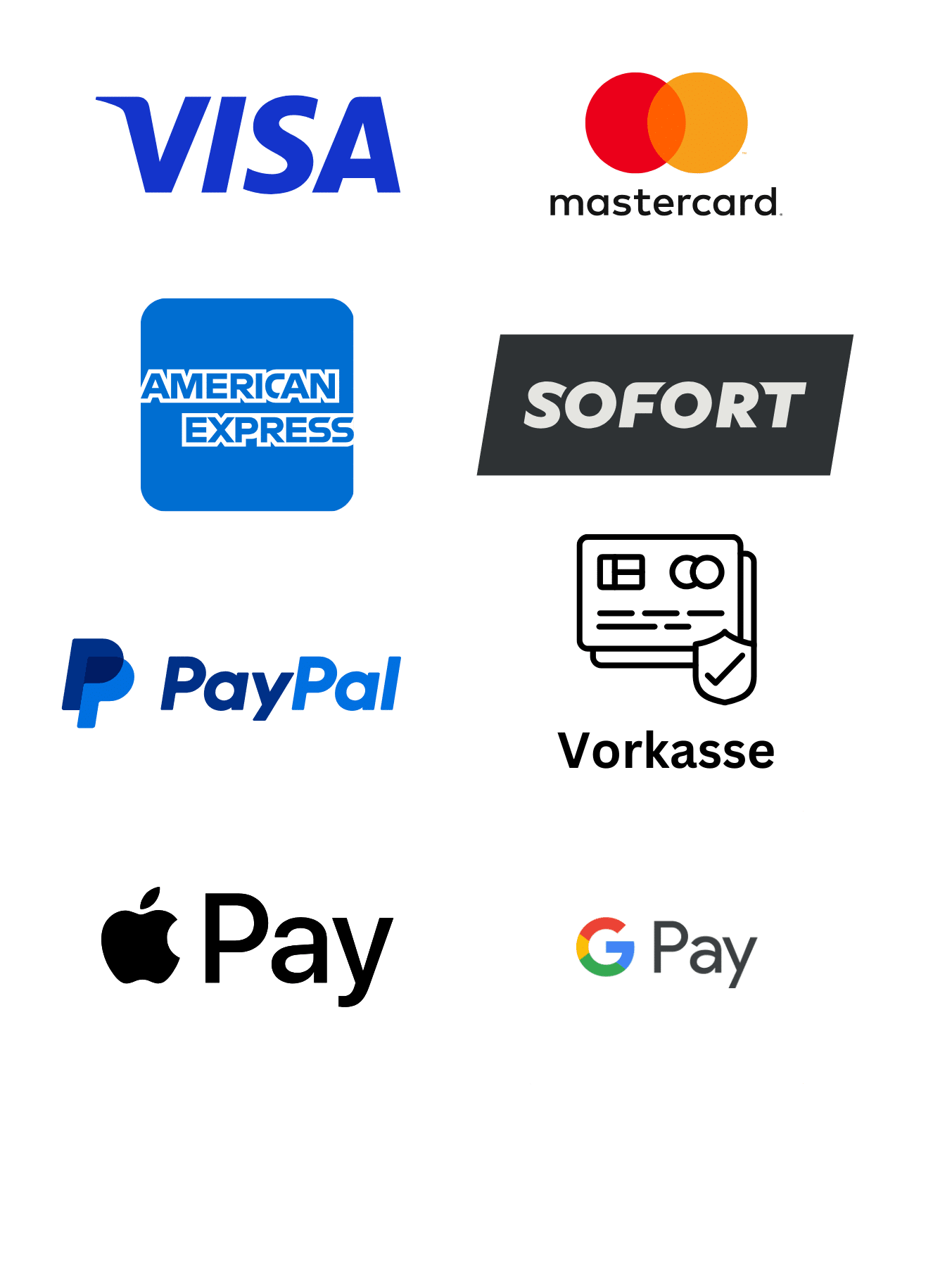 Zahlungsarten-Logos – Visa, Mastercard, American Express, PayPal, Sofort, Vorkasse, Apple Pay und Google Pay