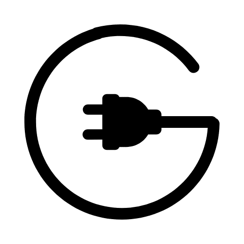 Schwarzes Strom- oder Lade-Icon mit Steckersymbol in einem Kreis auf transparentem Hintergrund.