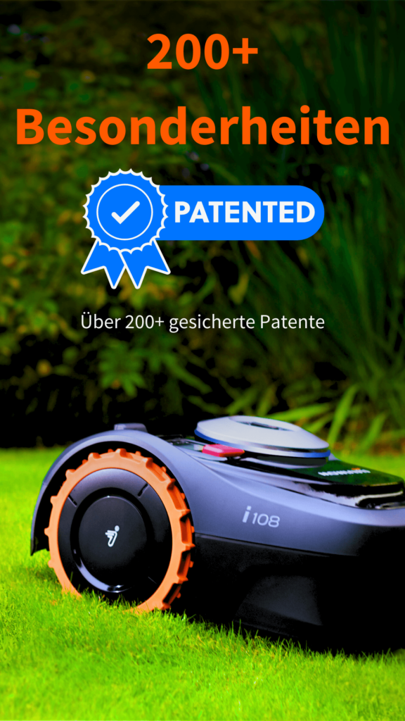 Mähroboter auf Rasen mit „200+ Besonderheiten“ Schriftzug, Patent-Siegel und Hinweis auf über 200 gesicherte Patente.