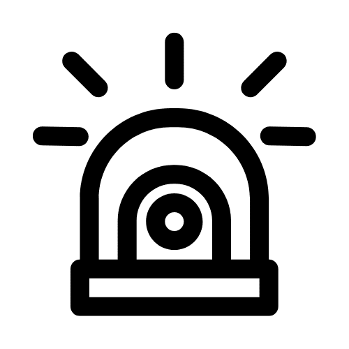 Schwarzes Warnsignal- oder Alarm-Icon auf transparentem Hintergrund – stilisierte Sirene mit Lichtstrahlen.