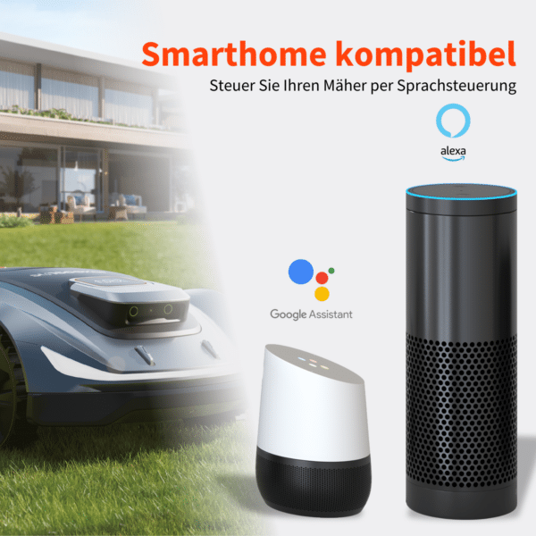Sunseeker Mähroboter ist mit Alexa und Google Assistant kompatibel und kann bequem per Sprachsteuerung bedient werden.