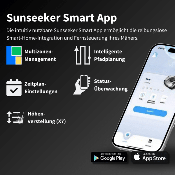 Sunseeker Smart App ermöglicht Multizonen-Management, intelligente Pfadplanung, Zeitplan-Einstellungen, Status-Überwachung und Höhenverstellung. Verfügbar für Android und iOS.