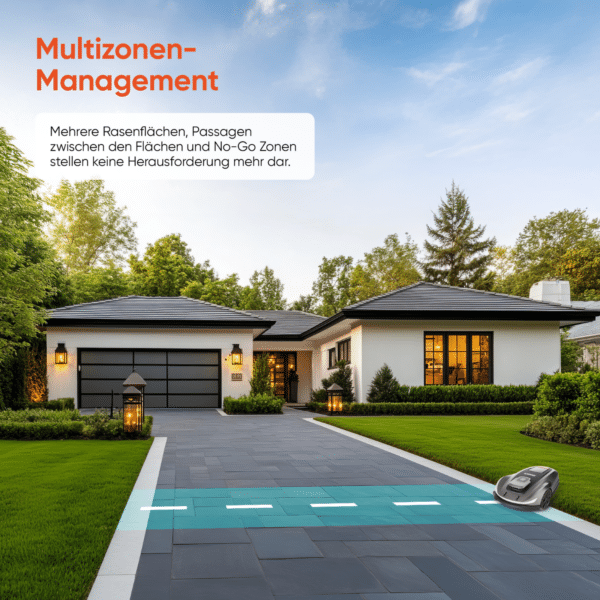 Der Sunseeker Mähroboter meistert mehrere Rasenflächen, Passagen und No-Go-Zonen dank innovativem Multizonen-Management.