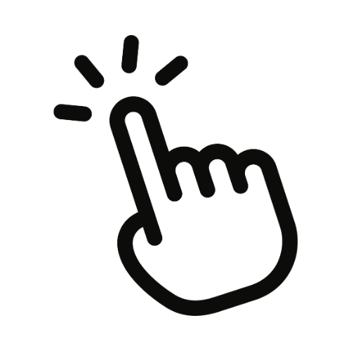 Schwarzes Klick- oder Touch-Icon mit Hand und ausgestrecktem Zeigefinger auf transparentem Hintergrund.
