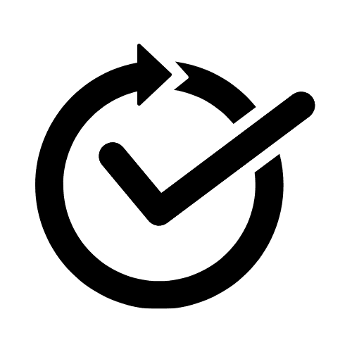 Schwarzes Symbol mit Haken und kreisförmigem Pfeil auf transparentem Hintergrund – steht für Aktualisierung, Synchronisation oder Bestätigung.