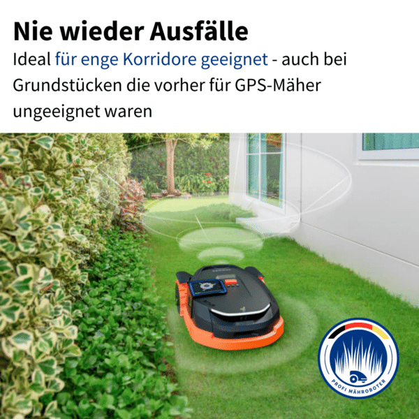 Der Segway Navimow X390E Mähroboter meistert enge Korridore und schwierige Grundstücke mühelos, selbst in Bereichen, die für herkömmliche GPS-Mäher ungeeignet waren.