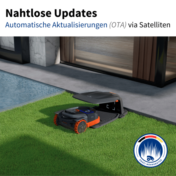 Segway Navimow X390E Mähroboter in seiner Ladestation erhält automatische Updates über Satelliten (OTA), um stets die neueste Software und Funktionen zu nutzen.