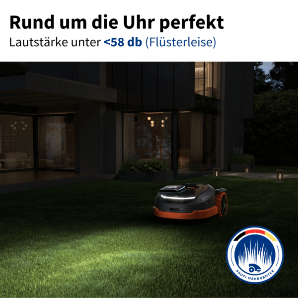 Segway Navimow X390E Mähroboter arbeitet auch nachts mit einer Lautstärke unter 58 dB (Flüsterleise) und sorgt für einen perfekt gepflegten Rasen, ohne die Umgebung zu stören.