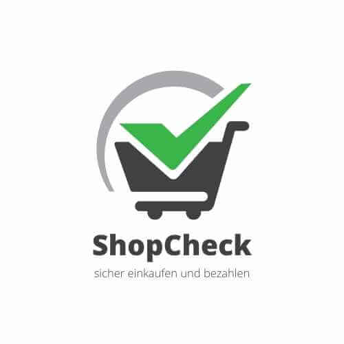 ShopCheck-Logo – Einkaufswagen mit grünem Häkchen und Schriftzug „sicher einkaufen und bezahlen“.