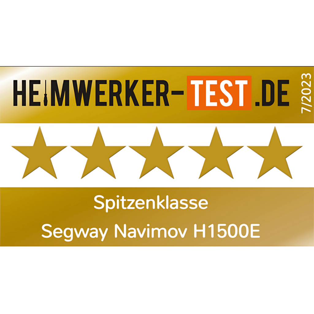 Testsiegel von Heimwerker-Test.de – 5 Sterne für den Segway Navimow H1500E, Spitzenklasse (07/2023).