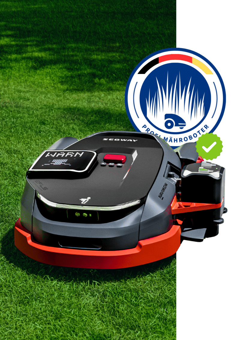 Segway Mähroboter auf Rasen mit Profi Mähroboter Logo und grünem Häkchen für Zertifizierung.