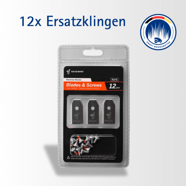 Set mit 12 Ersatzklingen für Navimow Mähroboter, inklusive Schrauben, für einen scharfen und effizienten Rasenschnitt.