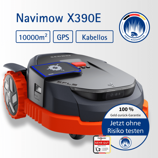 Segway Navimow X390E Mähroboter mit kabelloser GPS-Navigation, KI-Kamera, 4G-LTE & WLAN-Konnektivität. Ideal für Rasenflächen bis zu 10.000 m². Jetzt ohne Risiko testen mit 100 % Geld-zurück-Garantie.