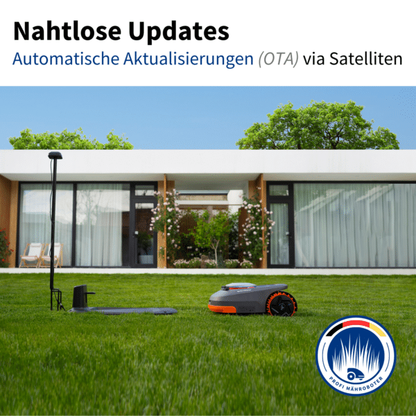Navimow Mähroboter auf einer Rasenfläche mit Basisstation und GNSS-Antenne – ermöglicht automatische OTA-Updates über Satelliten für stets aktuelle Software.