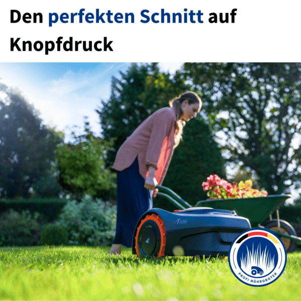 Frau nutzt den Navimow Mähroboter für einen perfekten Rasenschnitt – einfache Bedienung per Knopfdruck.
