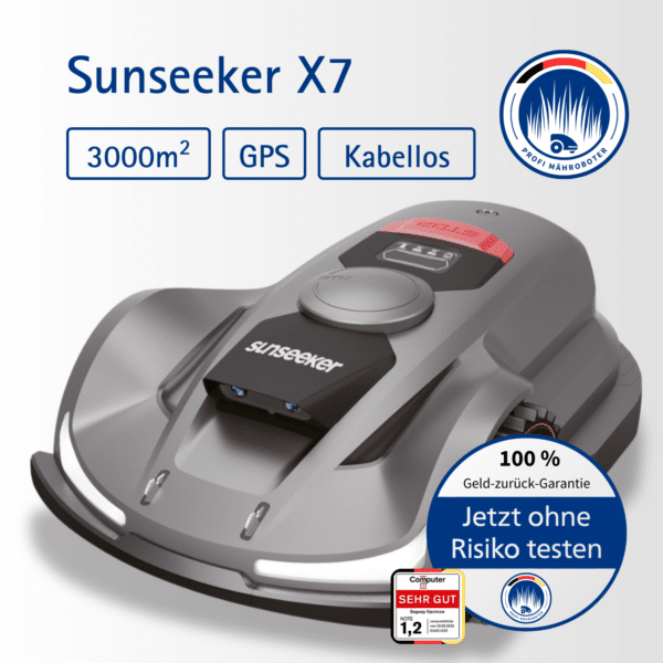 Sunseeker X7 Mähroboter mit GPS-RTK-Technologie, Vision AI-Hinderniserkennung und Allradantrieb für präzise Rasenpflege auf bis zu 3.000 m².