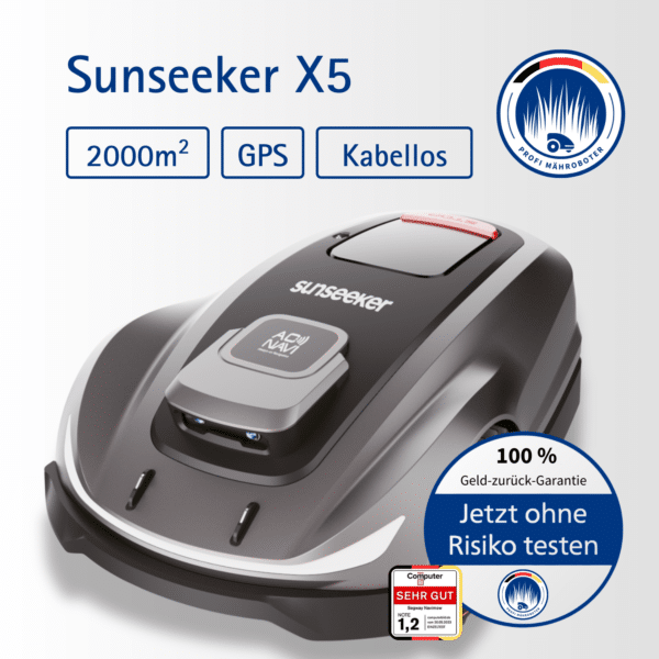 Sunseeker X5 Mähroboter mit GPS-RTK, Allradantrieb und Vision AI-Hinderniserkennung für eine präzise, kabellose Rasenpflege auf bis zu 2.000 m².