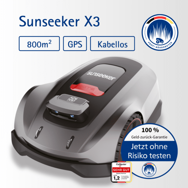 Sunseeker X3 RTK Mähroboter mit GPS-RTK-Technologie, kabelloser Navigation und Vision AI-Hinderniserkennung für eine smarte und automatische Rasenpflege auf bis zu 800 m².