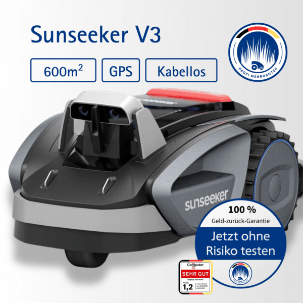 Sunseeker V3 Plus RTK Mähroboter mit präziser GPS-RTK-Navigation, kabelloser Steuerung und Vision AI-Hinderniserkennung für eine mühelose Rasenpflege auf bis zu 600 m².