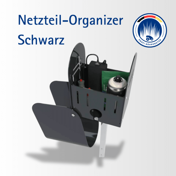 Schwarzer Netzteil-Organizer für Mähroboter – praktischer Stauraum für Netzteil, Kabel und Zubehör.