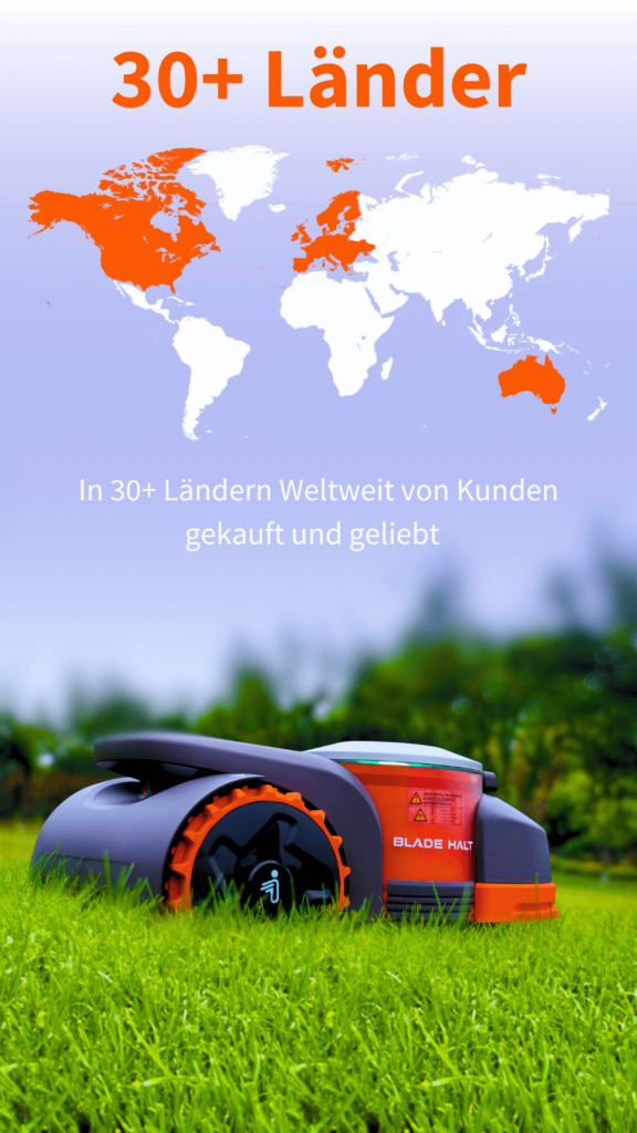 Mähroboter auf grünem Rasen mit Weltkarte und „30+ Länder“ Schriftzug – weltweit verkauft und beliebt.