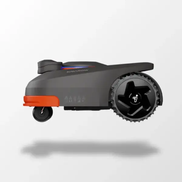 Schwarzer Segway Navimow H500E Mähroboter in der Seitenansicht mit orangefarbenen Akzenten und großen Hinterrädern.