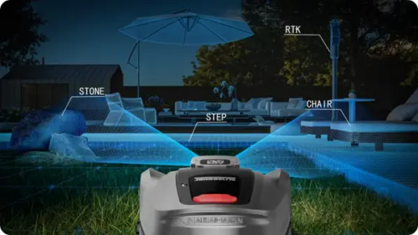 Sunseeker X5 Mähroboter erkennt Hindernisse wie Steine, Stufen und Möbel dank fortschrittlicher RTK- und Vision AI-Technologie für eine präzise Navigation im Garten.
