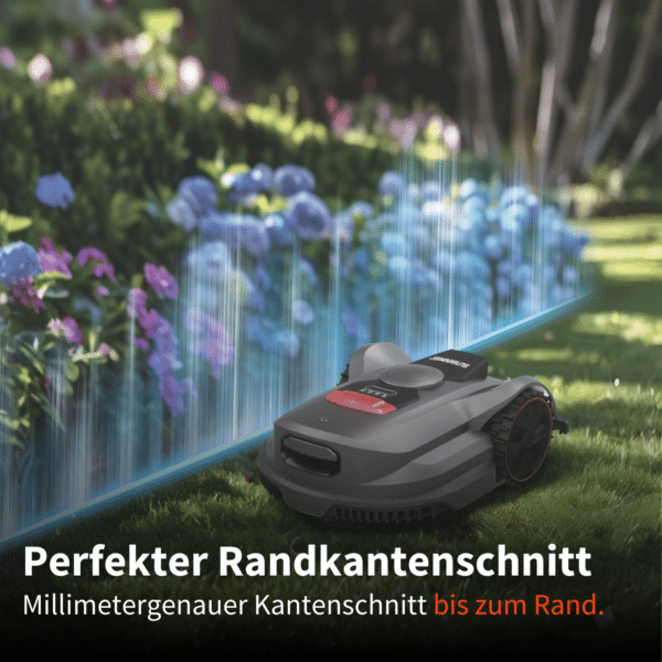 Sunseeker Mähroboter mit präzisem Randkantenschnitt für einen millimetergenauen Schnitt bis zum Rand.