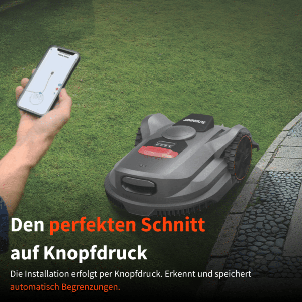 Sunseeker Mähroboter mit App-Steuerung für einfache Installation per Knopfdruck. Erkennt und speichert automatisch Begrenzungen für präzises Mähen.