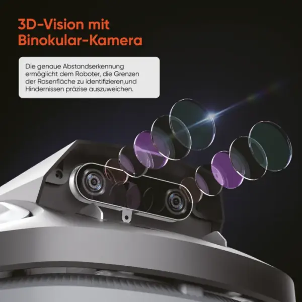 Binokular-Kamera des Sunseeker X3 Plus Mähroboters ermöglicht präzise 3D-Vision zur genauen Abstandserkennung und Hindernisvermeidung.