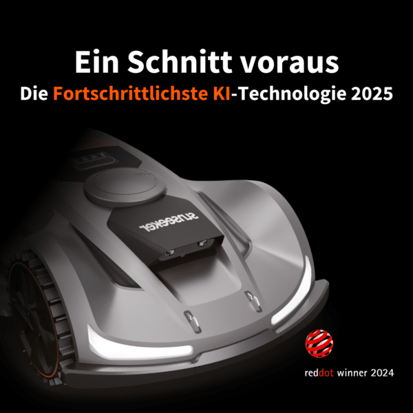 Sunseeker X7 Plus Mähroboter mit fortschrittlichster KI-Technologie 2025, futuristische Optik mit LED-Frontbeleuchtung, ausgezeichnet mit dem Red Dot Award 2024.