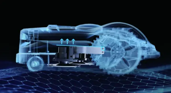 Sunseeker X5 Mähroboter mit innovativem Floating Cut-System passt sich automatisch unebenem Terrain an und sorgt für einen gleichmäßigen Rasenschnitt.